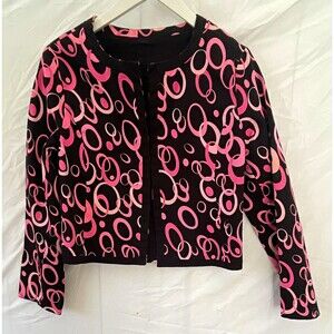 Kasper Women's Black Pink Geometric Print Open Front Collarless Jacket Sz 8
